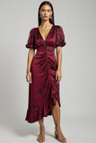Burgundy V-Neck Asymmetrical Bodycon Midi Wedding Guest Dress