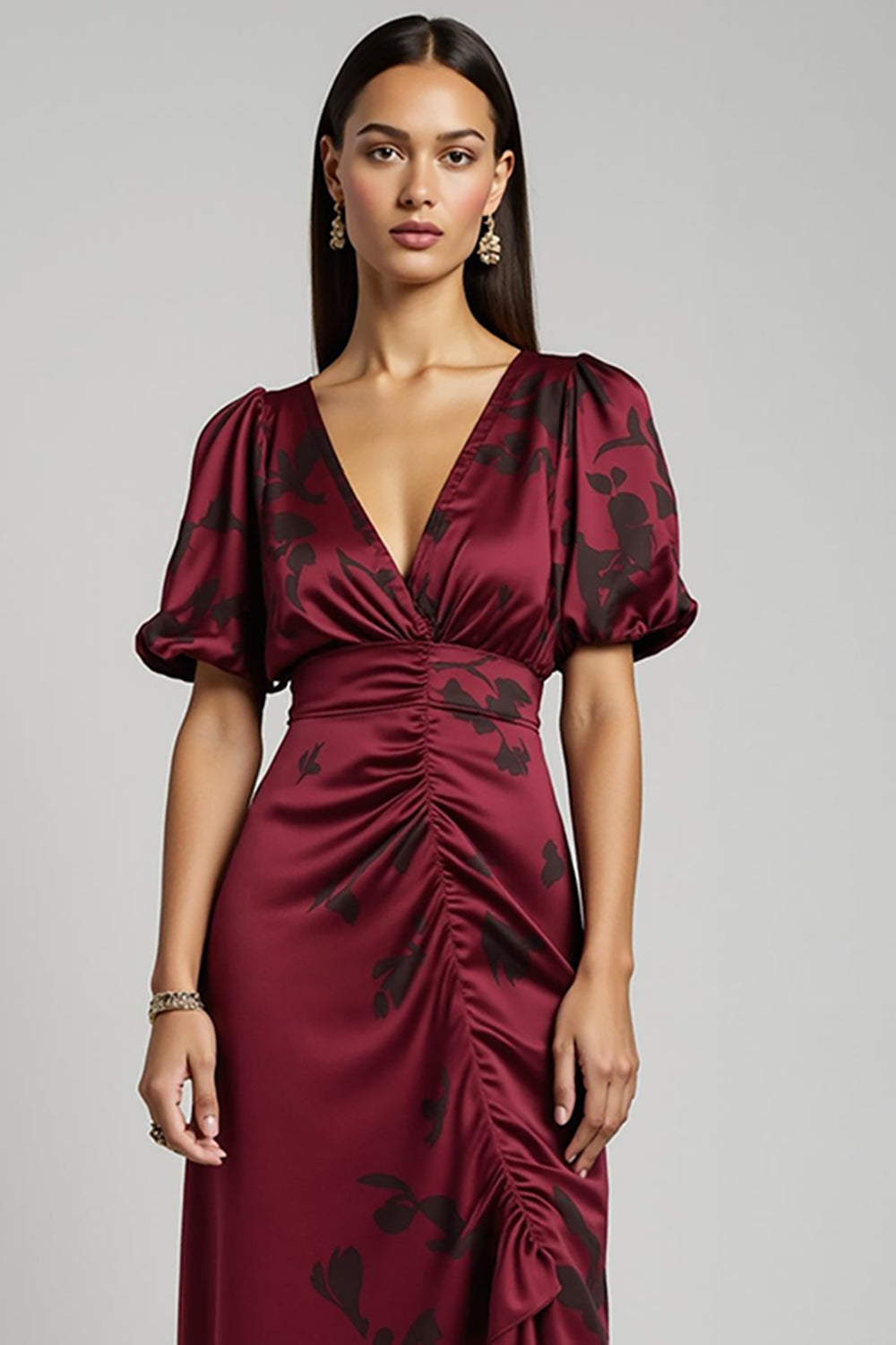 Burgundy V-Neck Asymmetrical Bodycon Midi Wedding Guest Dress