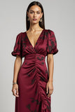 Burgundy V-Neck Asymmetrical Bodycon Midi Wedding Guest Dress