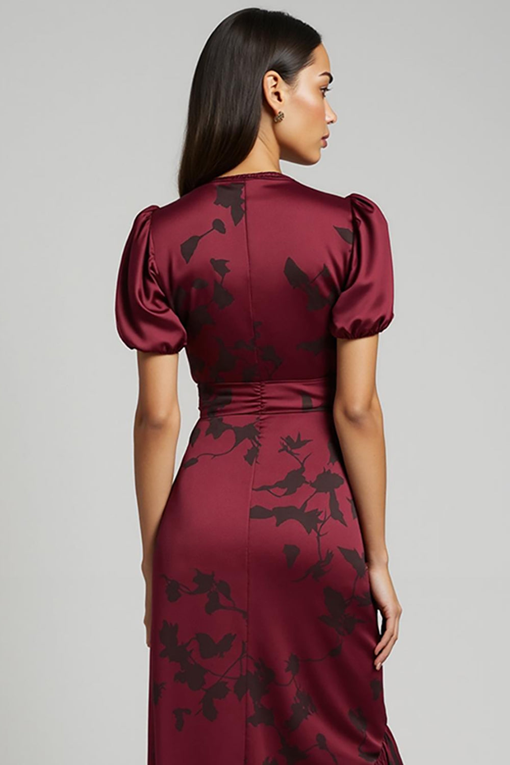 Burgundy V-Neck Asymmetrical Bodycon Midi Wedding Guest Dress