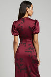 Burgundy V-Neck Asymmetrical Bodycon Midi Wedding Guest Dress