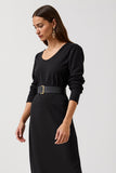 Simple Black Round Neck Pencil Midi Work Dress with Sleeves