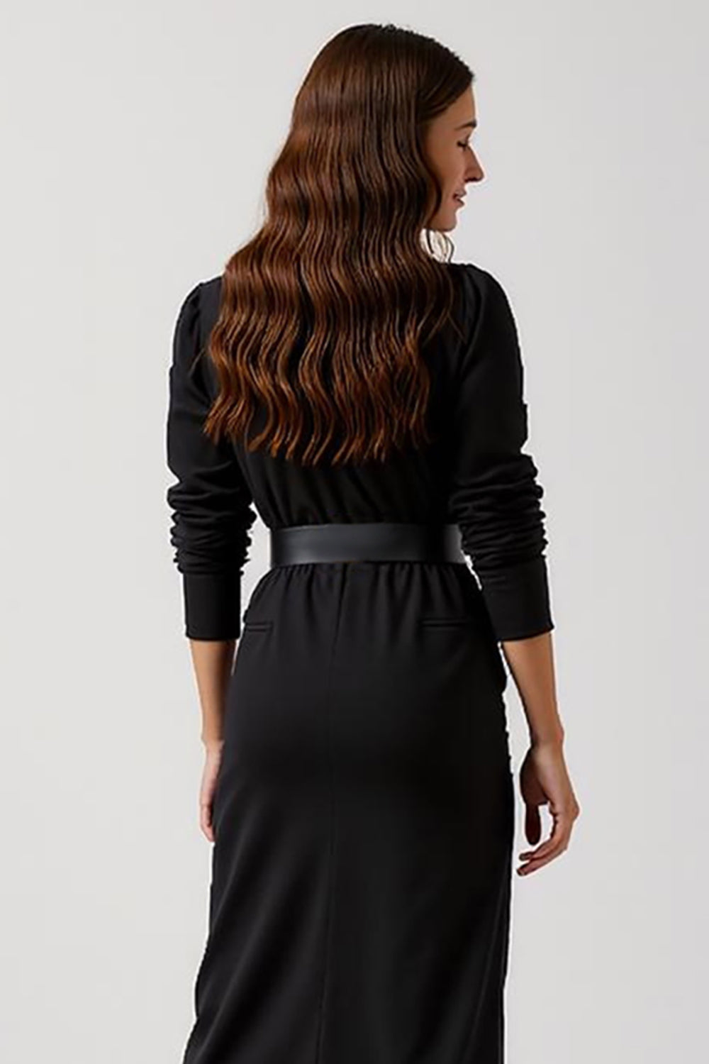 Simple Black Round Neck Pencil Midi Work Dress with Sleeves