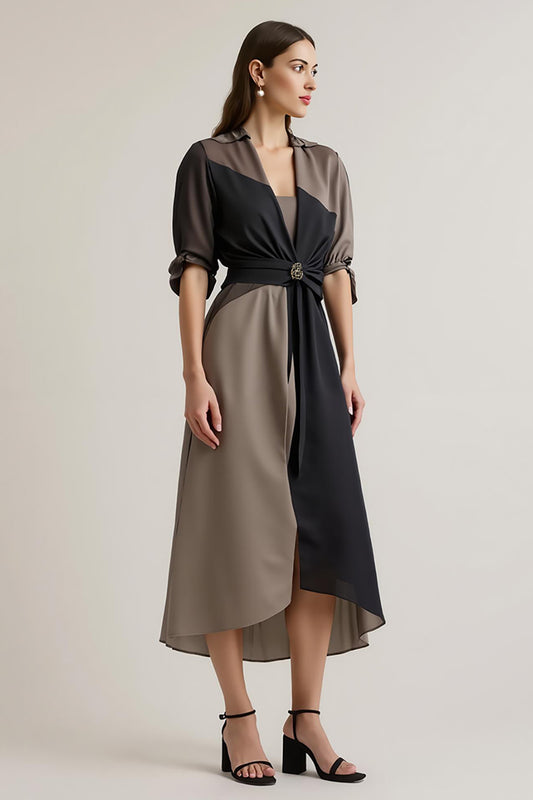 Black Chiffon V-Neck Midi Work Dress with Sleeves
