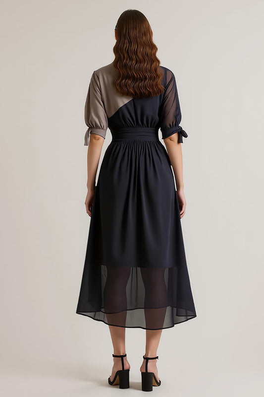 Black Chiffon V-Neck Midi Work Dress with Sleeves