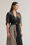Black Chiffon V-Neck Midi Work Dress with Sleeves
