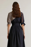 Black Chiffon V-Neck Midi Work Dress with Sleeves
