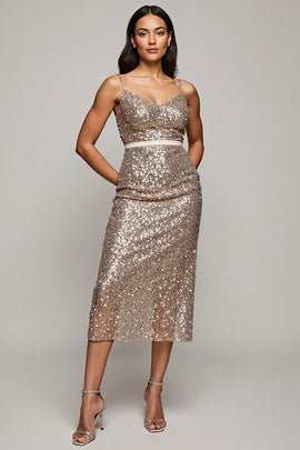 Sparkly Golden Sequins Spaghetti Straps Midi Holiday Party Dress