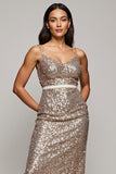 Sparkly Golden Sequins Spaghetti Straps Midi Holiday Party Dress