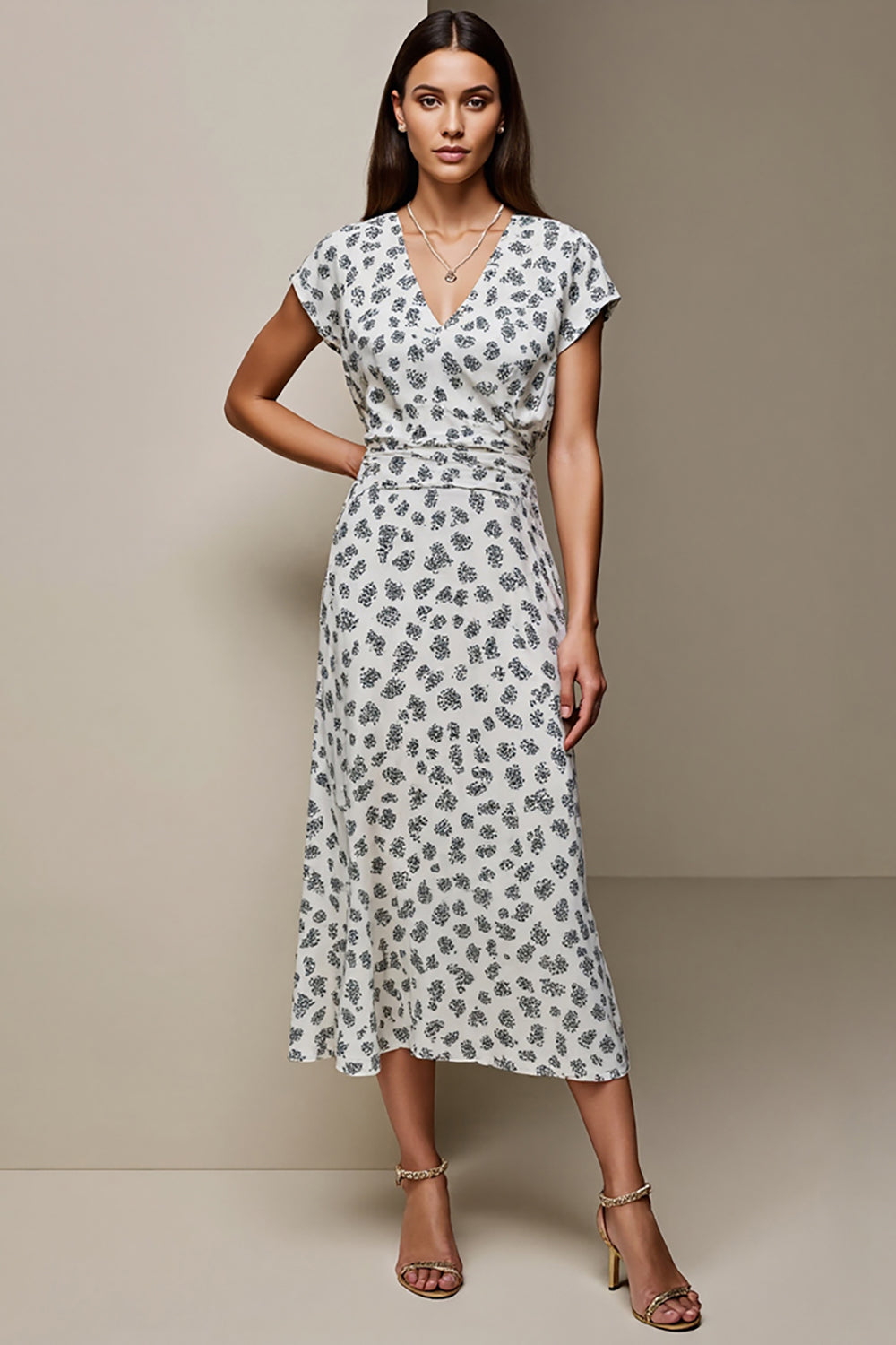 White Blue Printed V-Neck Bodycon Long Wedding Guest Dress