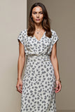 White Blue Printed V-Neck Bodycon Long Wedding Guest Dress