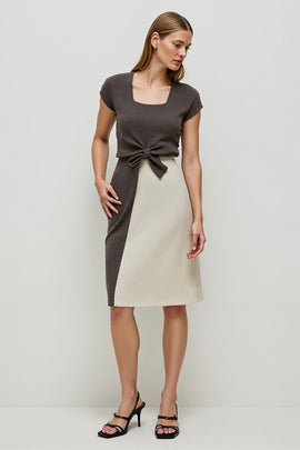Coffee Square Neck Pencil Midi Work Dress with Sleeves