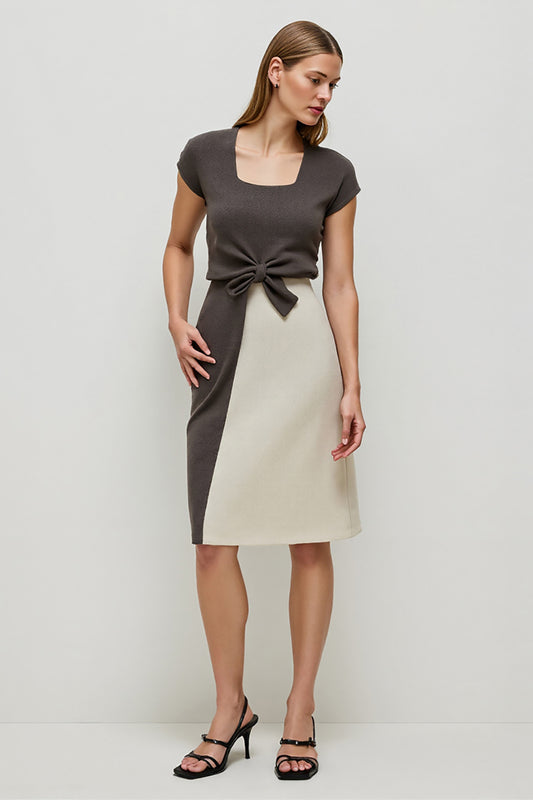 Coffee Square Neck Pencil Midi Work Dress with Sleeves
