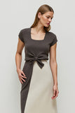 Coffee Square Neck Pencil Midi Work Dress with Sleeves