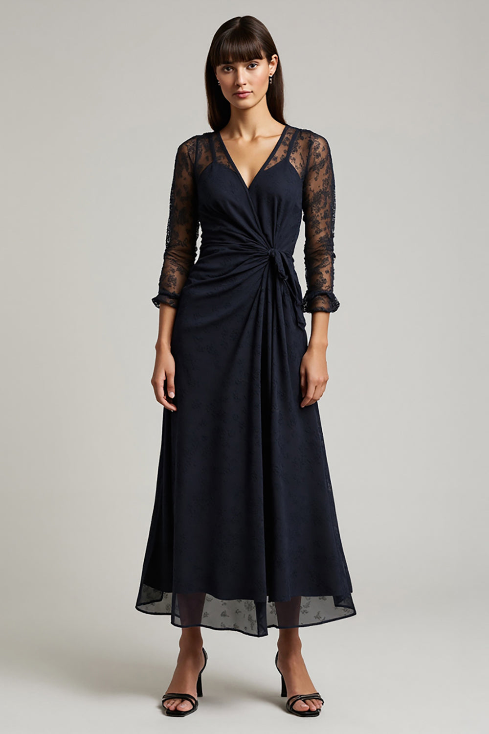 Navy V-Neck Ruched Chiffon Long Work Dress with Sleeves