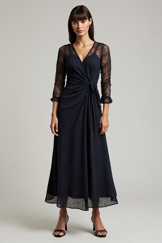 Navy V-Neck Ruched Chiffon Long Work Dress with Sleeves