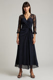 Navy V-Neck Ruched Chiffon Long Work Dress with Sleeves