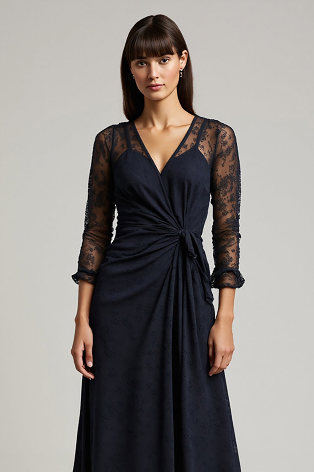 Navy V-Neck Ruched Chiffon Long Work Dress with Sleeves