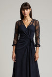 Navy V-Neck Ruched Chiffon Long Work Dress with Sleeves