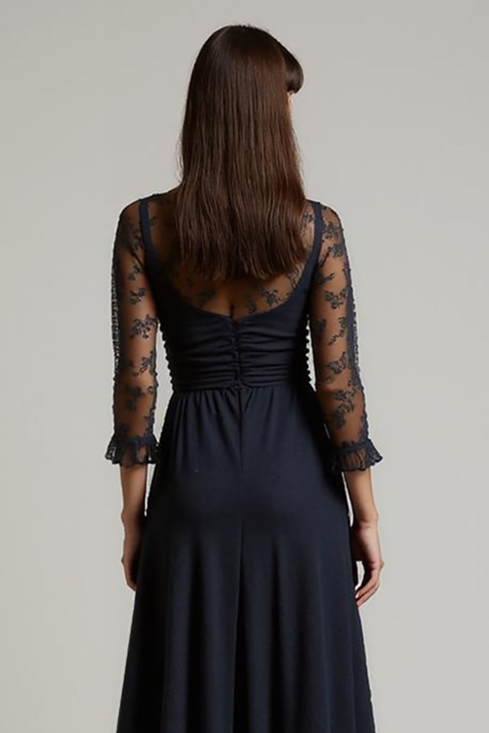 Navy V-Neck Ruched Chiffon Long Work Dress with Sleeves