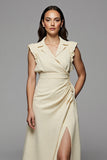 Apricot Notched Lapel Satin Long Work Dress with Slit