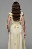 Apricot Notched Lapel Satin Long Work Dress with Slit