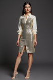 Sparkly Golden Pencil Sequins Collar Neck Short Work Dress with Slit