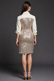 Sparkly Golden Pencil Sequins Collar Neck Short Work Dress with Slit