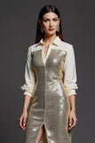 Sparkly Golden Pencil Sequins Collar Neck Short Work Dress with Slit