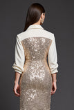 Sparkly Golden Pencil Sequins Collar Neck Short Work Dress with Slit