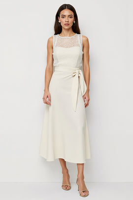 White Satin Scoop Bow Pencil Midi Work Dress with Sash