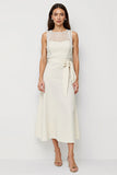 White Satin Scoop Bow Pencil Midi Work Dress with Sash
