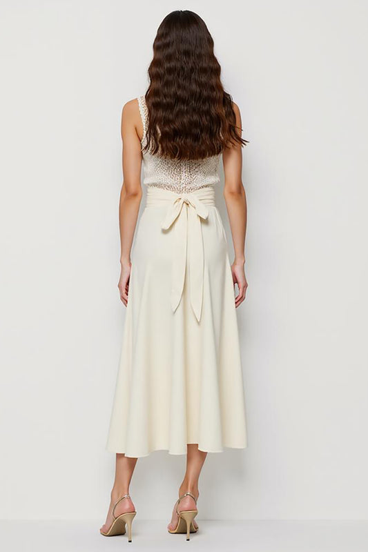 White Satin Scoop Bow Pencil Midi Work Dress with Sash