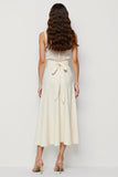 White Satin Scoop Bow Pencil Midi Work Dress with Sash