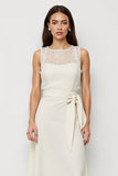White Satin Scoop Bow Pencil Midi Work Dress with Sash