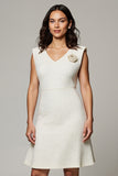 Simple White V-Neck Pencil Short Work Dress with 3D Flowers