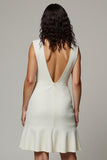Simple White V-Neck Pencil Short Work Dress with 3D Flowers