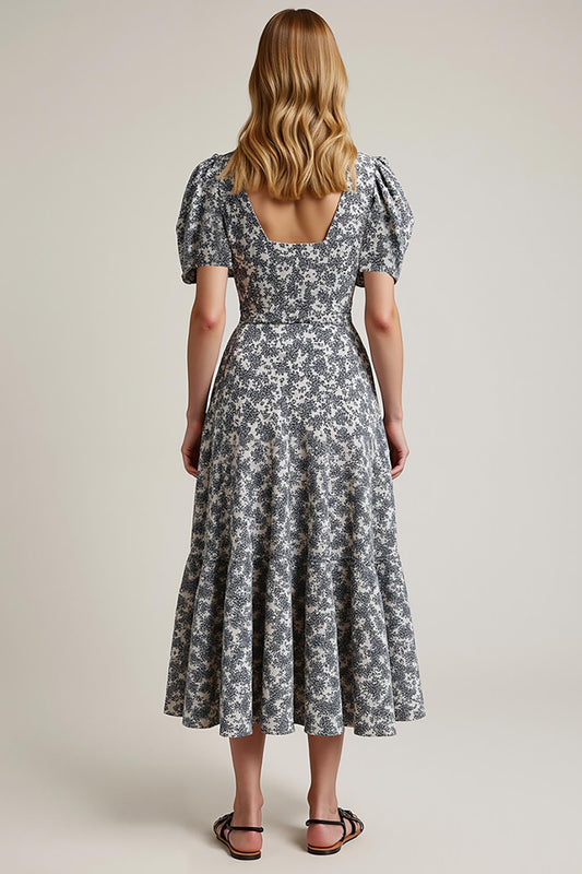 White Black Flower A Line Long Wedding Guest Dress with Sleeves
