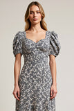 White Black Flower A Line Long Wedding Guest Dress with Sleeves