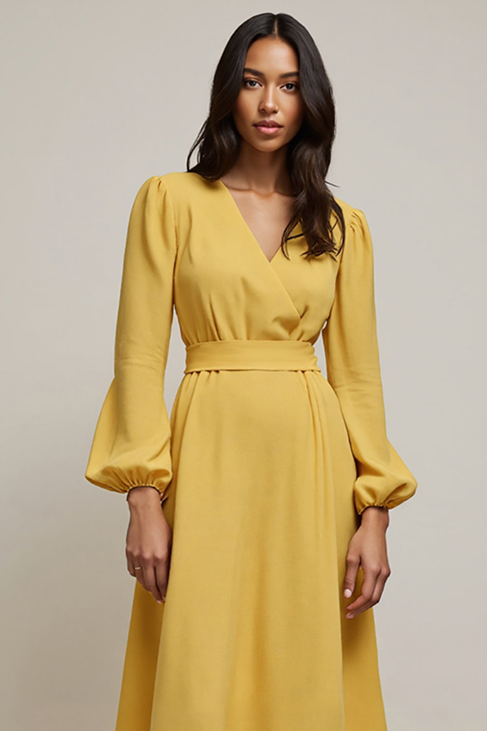 Yellow V-Neck A Line Midi Work Dress with Sleeves