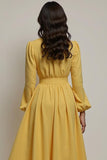Yellow V-Neck A Line Midi Work Dress with Sleeves
