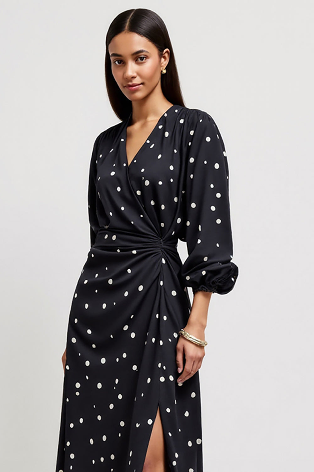 Black Printed V-Neck Midi Ruched Polka Dot Dress with Slit