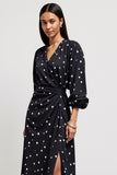 Black Printed V-Neck Midi Ruched Polka Dot Dress with Slit