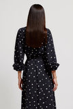 Black Printed V-Neck Midi Ruched Polka Dot Dress with Slit