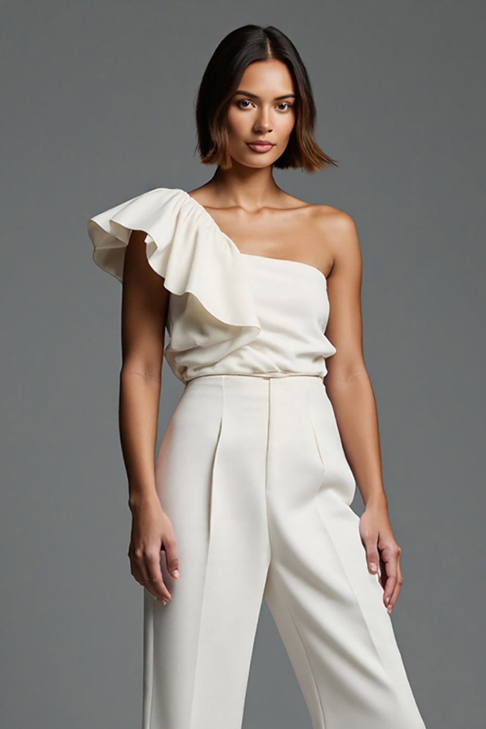 Ivory One Shoulder Work Jumpsuits with Ruffles