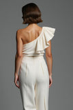 Ivory One Shoulder Work Jumpsuits with Ruffles