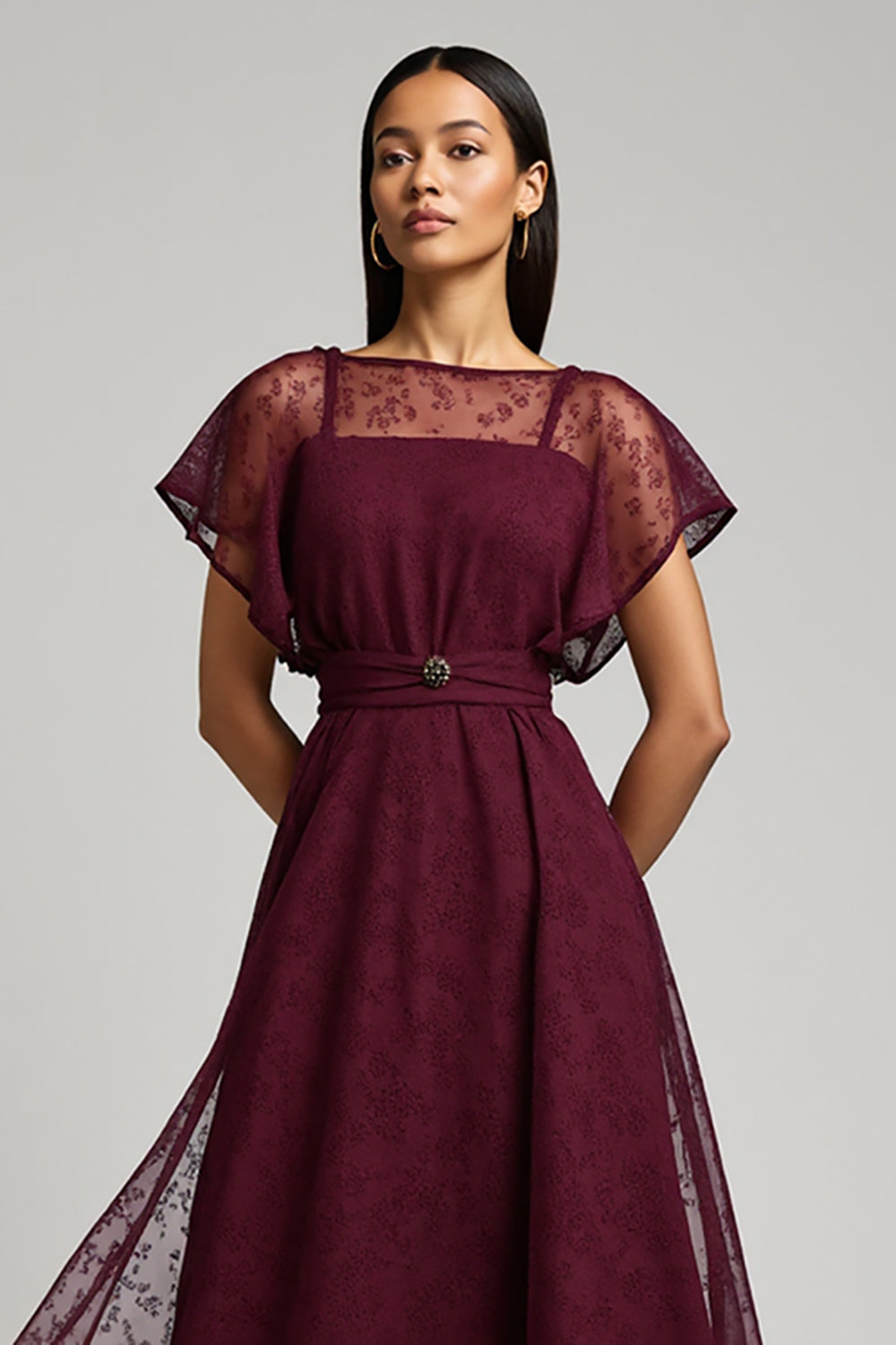 Burgundy Bateau A Line Long Lace Work Dress with Sleeves