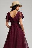 Burgundy Bateau A Line Long Lace Work Dress with Sleeves