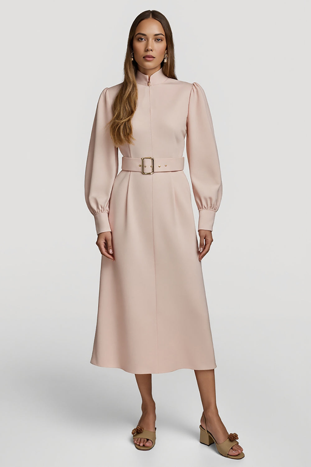 Grey Pink High Neck Pencil Satin Midi Work Dress with Belts