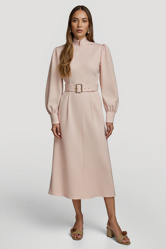 Grey Pink High Neck Pencil Satin Midi Work Dress with Belts